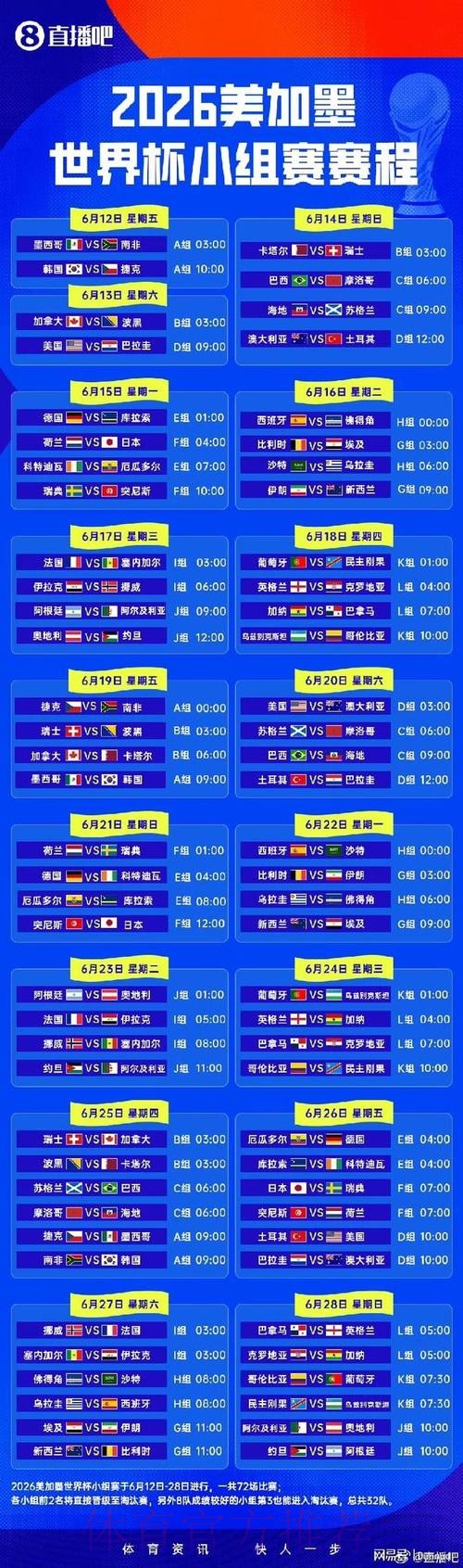 2026世界杯小组赛赛程详细安排比赛时间表实时查看